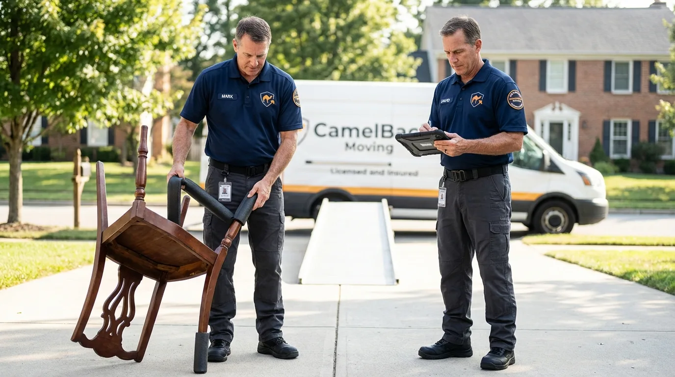 Movers inspecting furniture for damage prevention before loading in Lakehurst, NJ