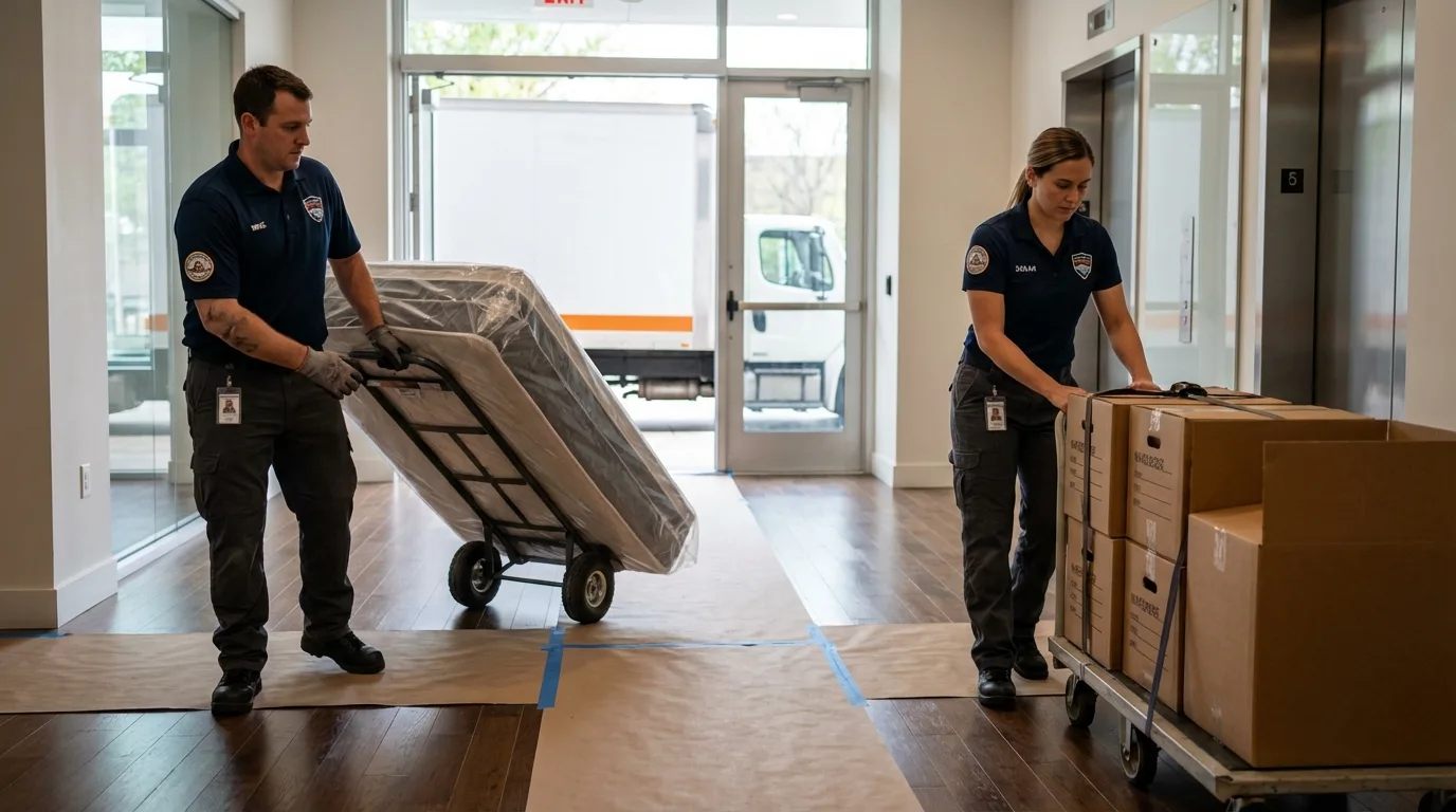 Professional apartment movers loading elevator in Lakehurst, NJ