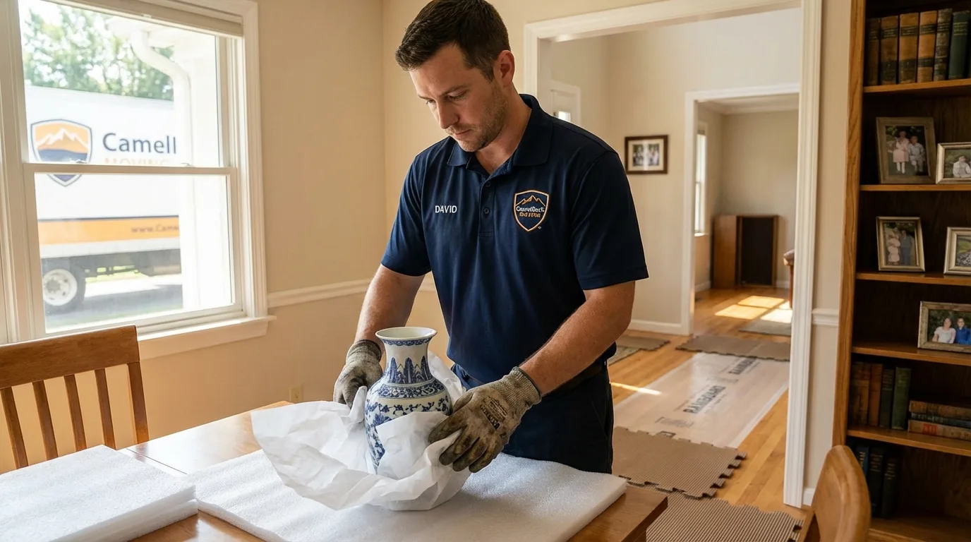 Professional crew carefully wrapping antique vase for senior downsizing move in Lakehurst, NJ